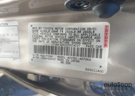 2002 Toyota Camry Se из США, поврежденный, VIN JTDBE32K020009097